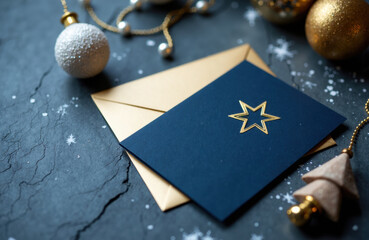 A festive greeting card with a star emblem on a dark background surrounded by holiday ornaments and snowflakes