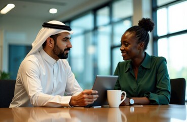 Multiethnic business professionals, an Arab and an African having a discussion in a modern office setting