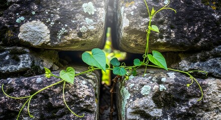 Close-up of green vines growing between weathered rocks covered with lichen in a natural outdoor setting