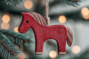 Red wooden horse ornament hanging on Christmas tree with bokeh lights