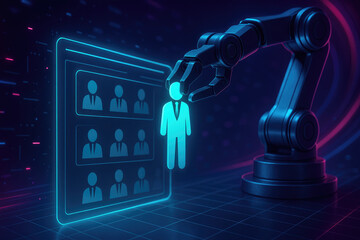 Robotic arm selecting a glowing human icon from a digital interface of people automation artificial intelligence