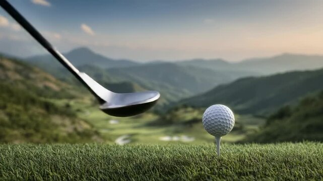A golf club poised to strike a ball on a tee set against a backdrop of rolling green hills at dawn or dusk