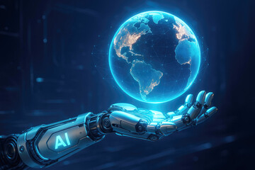 Robotic Hand Holding a Glowing Digital Earth with AI Symbol artificial intelligence