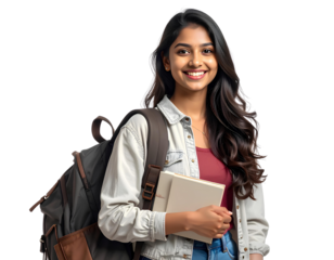 Portrait of a smiling young female Indian college student wearing casual clothes, isolated on a transparent background.