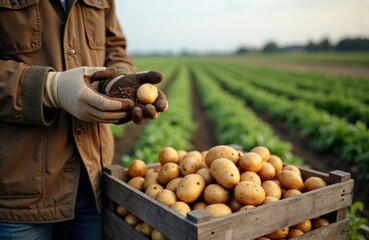 Woman harvesting potatoes in a field with a wooden crate filled with freshly dug tubers