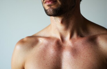 Naklejka premium Close-up of a man's bare shoulders and neck showing skin redness and freckles