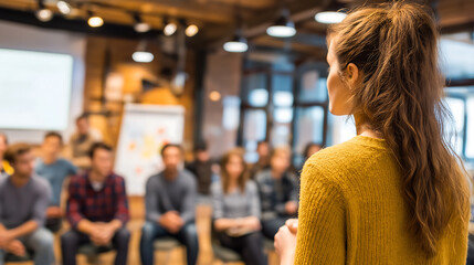 Business presentation speaker giving lecture to audience conference