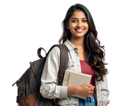 Portrait of a smiling young female Indian college student wearing casual clothes, isolated on a transparent background.