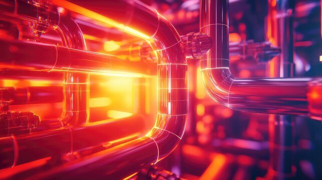 Industrial pipes glowing red conveying energy and data