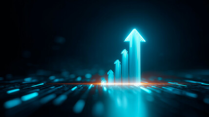 Naklejka premium Business Growth Concept with Glowing Upward Arrow and Bar Chart on Dark Background