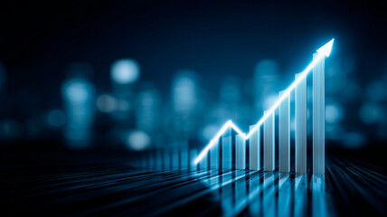 Business Growth Concept with Glowing Upward Arrow and Bar Chart on Dark Background