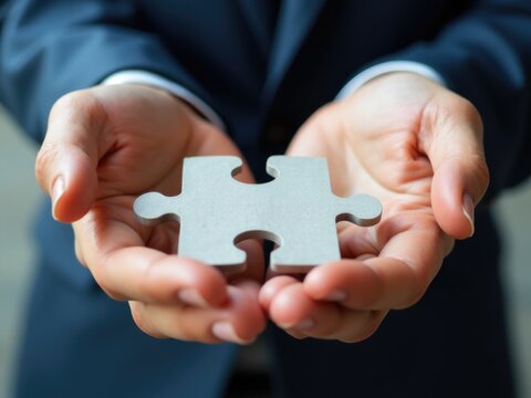 A person holds a piece of a puzzle in their hand, with a thoughtful expression