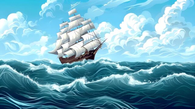 A vivid illustration of a sailing ship in rough seas under a partly cloudy sky. The ship is depicted in a dynamic pose, with its sails billowing and the waves crashing around it.