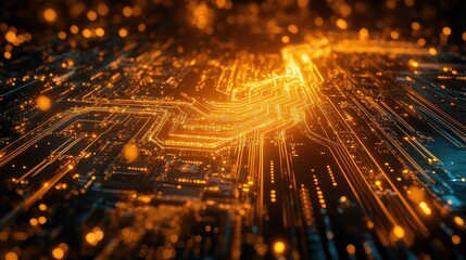 Glowing circuit board tracing digital data network connections