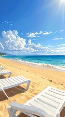 Obraz premium White loungers await on sunny sandy beach with ocean waves.