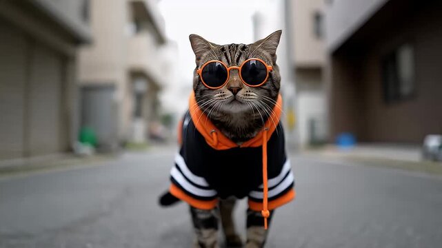 Hipster cat wearing sunglasses and hoodie walking on city sidewalk
