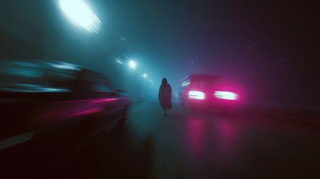 Woman walking through foggy neon lit tunnel at night - Powered by Adobe