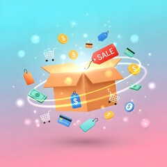 Open cardboard box with floating shopping-related icons including tags, carts, credit cards, and dollar bills symbolizing online shopping and sales