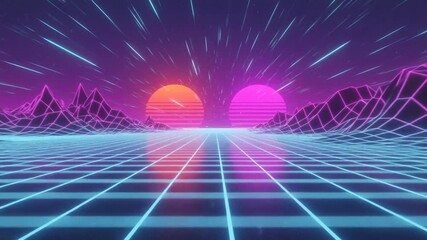 Retro futuristic synthwave landscape with glowing neon grid - Powered by Adobe