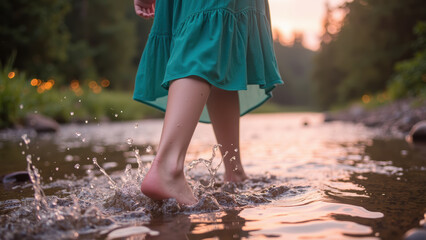 Person walks barefoot in shallow river, splashing water while wearing green dress. serene environment and soft lighting create peaceful atmosphere