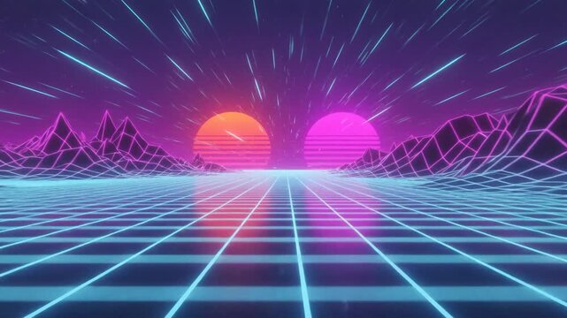 Retro futuristic synthwave landscape with glowing neon grid
