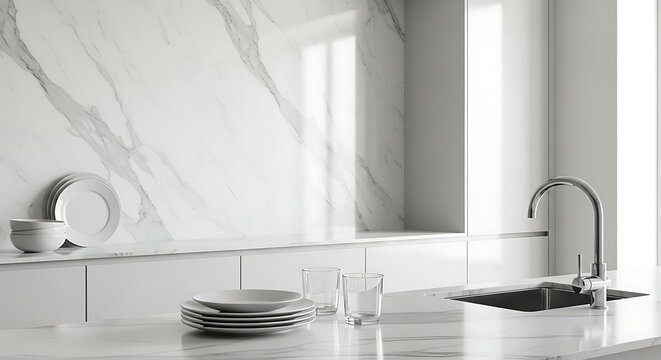 Modern kitchen countertop with marble backsplash and stainless steel faucet