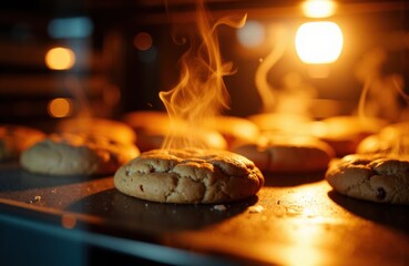Obraz premium Freshly baked cookies with steam rising on a warm baking tray at sunset