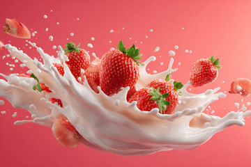 Fresh red strawberries burst through a creamy white splash of milk with tiny droplets against a vibrant pink background