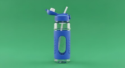 A clear plastic water bottle with a blue silicone sleeve and a flip-top lid, placed against a solid green background, suitable for hydration or fitness themes