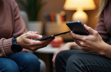 Two women exchanging smartphones in a cozy indoor setting with warm lighting