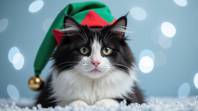 Festive cat wearing green and red elf hat sits on snowy surface, surrounded by soft bokeh lights, creating cheerful holiday atmosphere