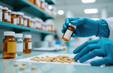 Fototapeta premium A scientist wearing blue gloves dispensing pills from a brown bottle in a laboratory setting