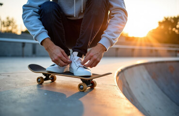A person tying their shoelaces on a skateboard at sunset in an outdoor skatepark
