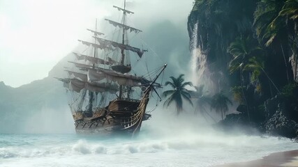 A vivid portrayal of a sailing ship in a misty, tropical setting. The ship is the central focus, with its intricate rigging and wooden hull standing out against the misty backdrop.