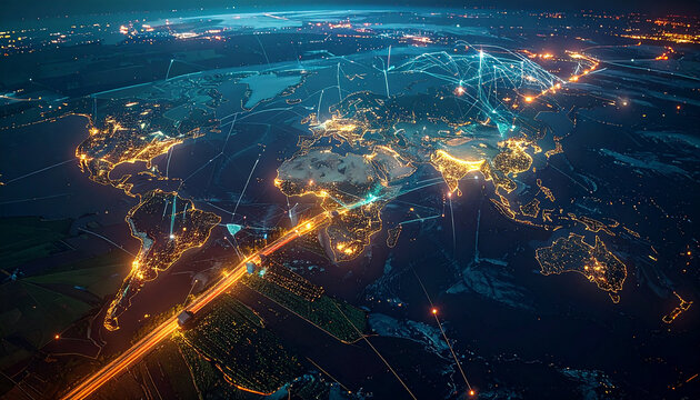 Global Digital Network: A mesmerizing aerial view showcases the Earth illuminated by a network of interconnected digital lines, representing the global reach of technology and communication.