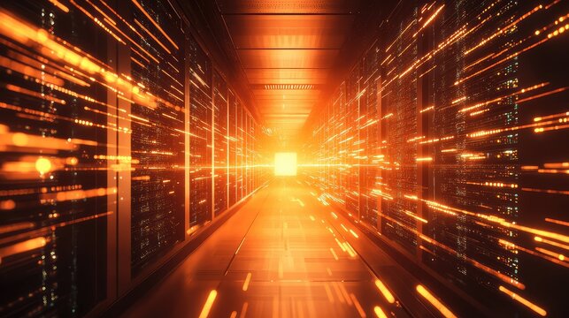 Data center corridor with glowing orange data streaming