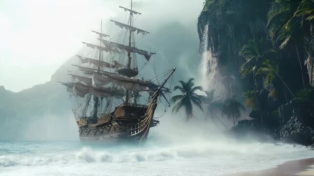 A vivid portrayal of a sailing ship in a misty, tropical setting. The ship is the central focus, with its intricate rigging and wooden hull standing out against the misty backdrop.