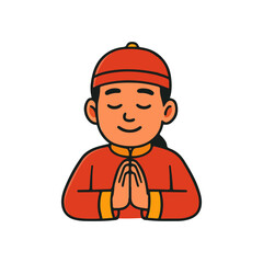 Obraz premium Chinese man praying with calm expression. Peaceful man in traditional outfit meditating. Smiling asian man showing gratitude and respect.