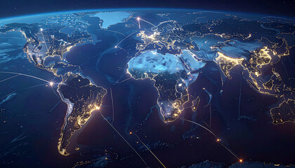 Global Network: A striking visualization of the world, illuminated with interconnected lines, representing a vast network of communication and data transfer. The Earth glows with city lights.