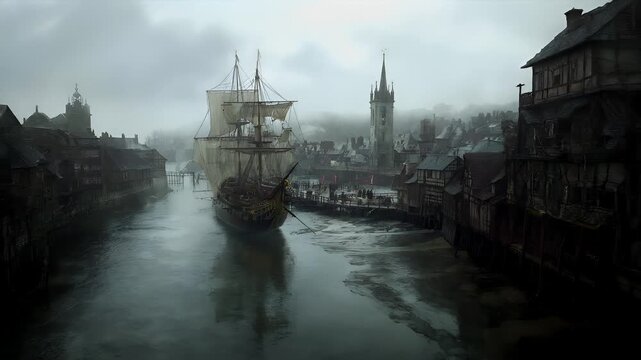 A detailed, atmospheric portrayal of a medieval town on a foggy day. The main subject is a large, ornate sailing ship docked in a harbor. The ships sails billow with the wind.