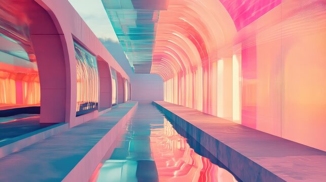 Vaporwave aesthetic architecture with reflective water channel - Powered by Adobe