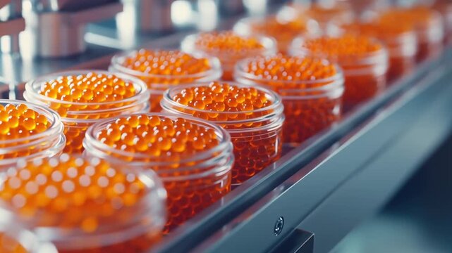 Fresh salmon caviar in glass jars on a production line