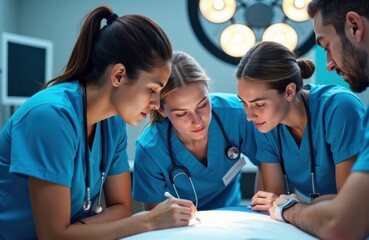 Woman medical team discussing patient care in operating room