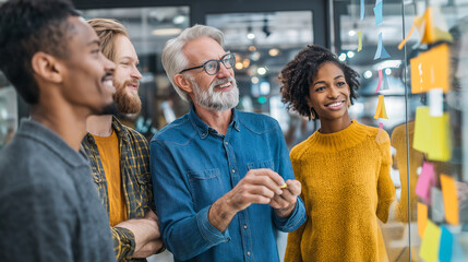 Diverse team brainstorm ideas on glass board in modern office space