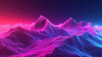 Digital mountain landscape creating a wireframe grid synthwave future