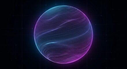 A sphere composed of interconnected dots, illuminated with a gradient of cyan and magenta, set against a dark background, creating a futuristic aesthetic
