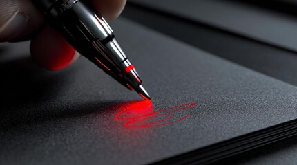 Precision in Red: A close-up shot of a sophisticated writing instrument, emitting a striking red light onto a sleek dark surface, with the suggestion of creativity.