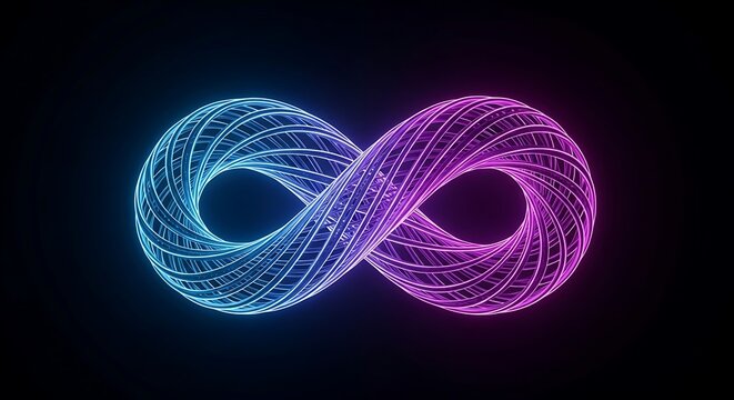 An infinity symbol illuminated with neon light, showcasing a gradient from cyan to magenta against a black background, creating a modern and abstract design