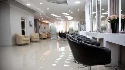 Spacious luxury hairdressing salon features sleek black chairs and bright lighting, creating a relaxing environment for clients. Stylish decor enhances the sophisticated ambiance and comfort