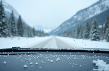 Snow-covered mountain road viewed from inside a vehicle during winter with snowflakes on the windshield